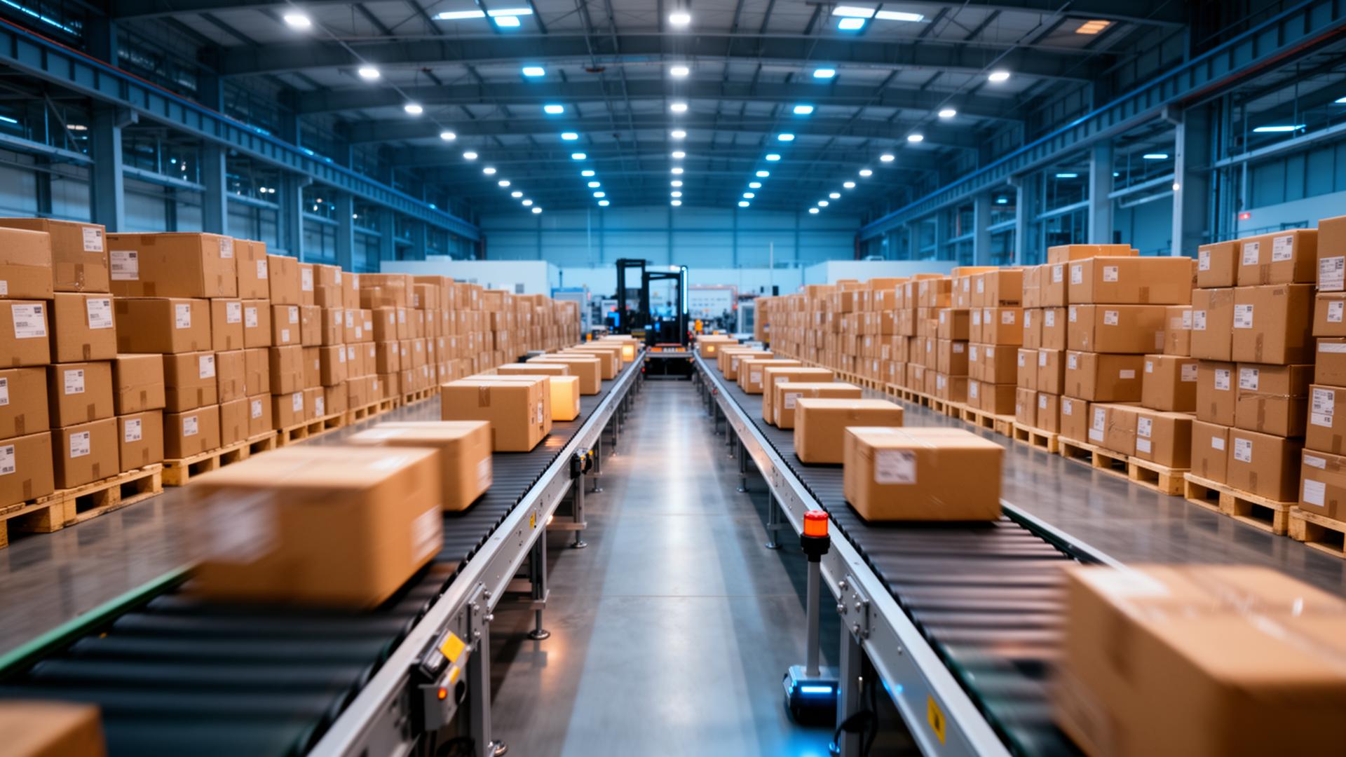 Large-scale logistics warehouse with rows of packages on conveyor belts